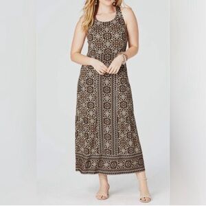 J.Jill Kona Cross Back Knit Floral Mandala Print Maxi Dress Brown Pink White XL
